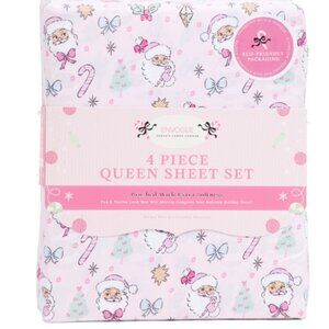 ENVOGUE Christmas Pink Coquette Santa Sheet Set Queen 4 PC New Shabby Chic